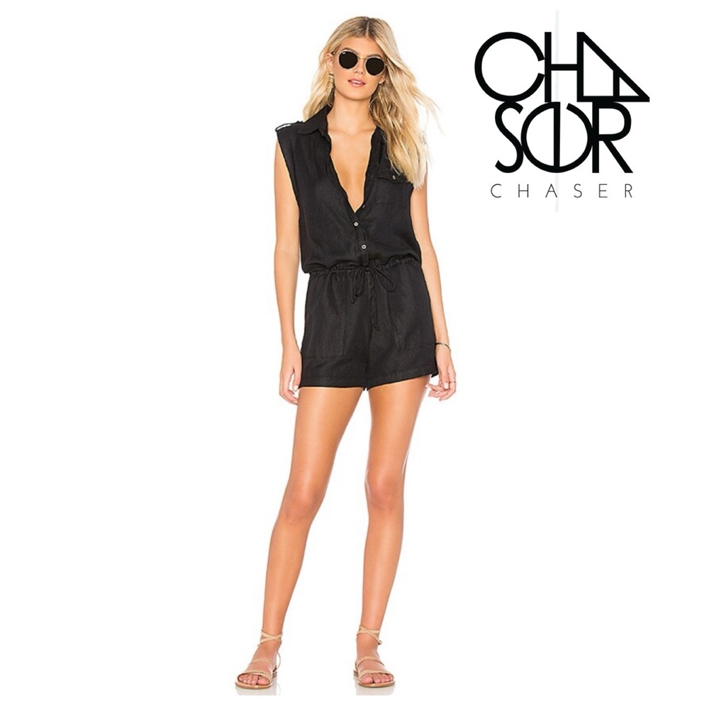 NWOT Revolve Chaser Button Down Shorts Romper in True Black